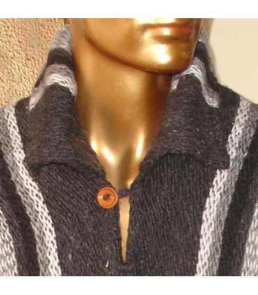 Grey Striped Wool Poncho with Neck HandWoven Unisex