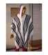 White Striped Wool Poncho with Hood  HandWoven Unisex