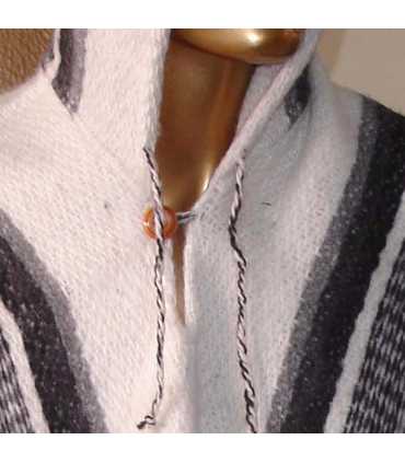 White Striped Wool Poncho with Hood  HandWoven Unisex