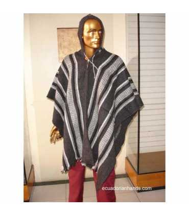 Grey Striped Wool Poncho with Hood  HandWoven Unisex