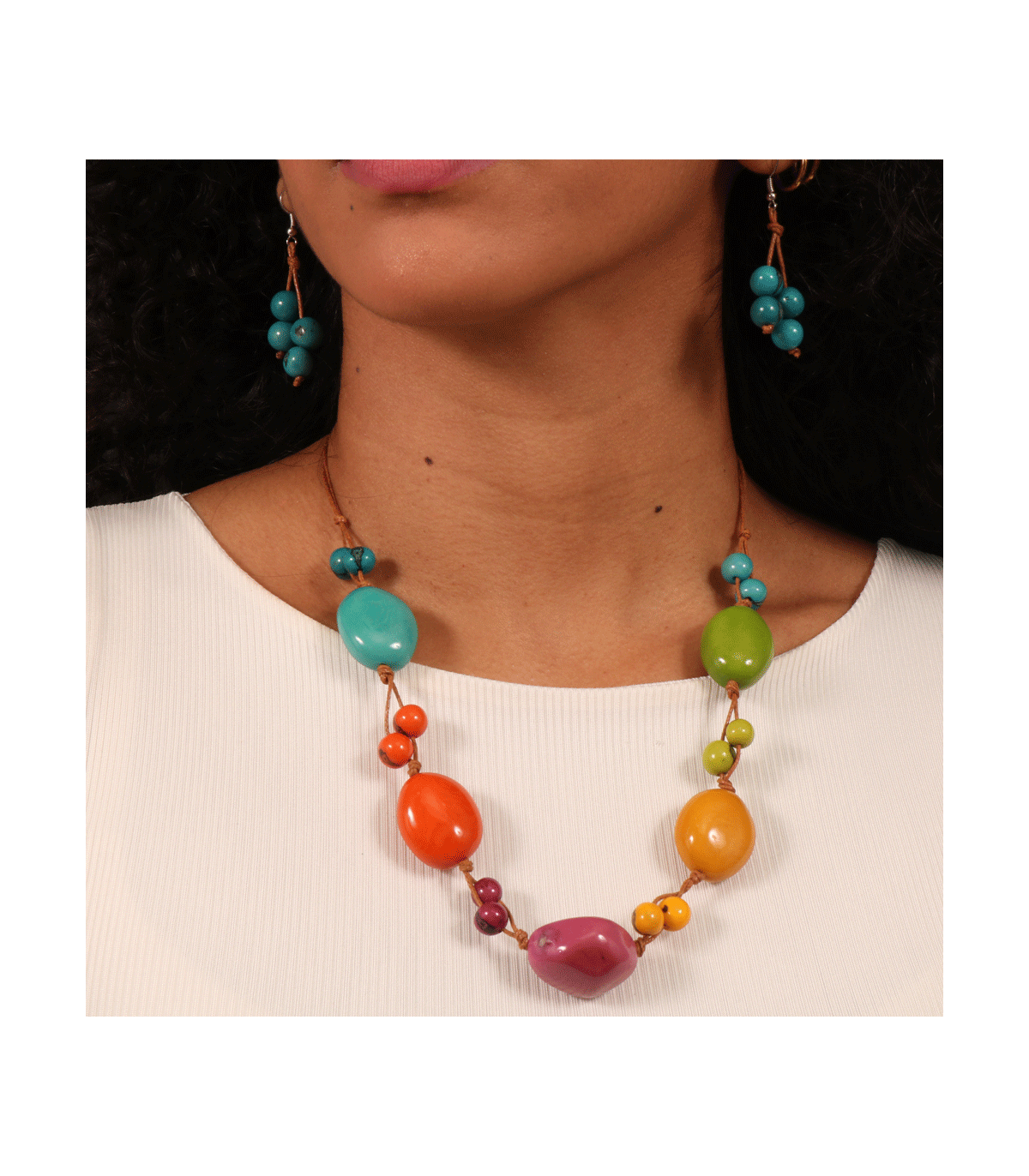 Set Necklace & Earrings - Wholesale Tagua Jewelry  Green Orange And Gold Scarf And Brown Tagua Earrings And Necklace Accessory Set display picture 1