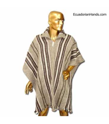 Light Brown Striped Poncho with Neck  100% Wool