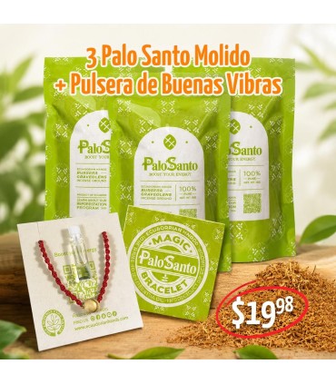 PROMO Palo Santo: 3 fundas molido + pulsera y aceite esencial | EcuadorianHands